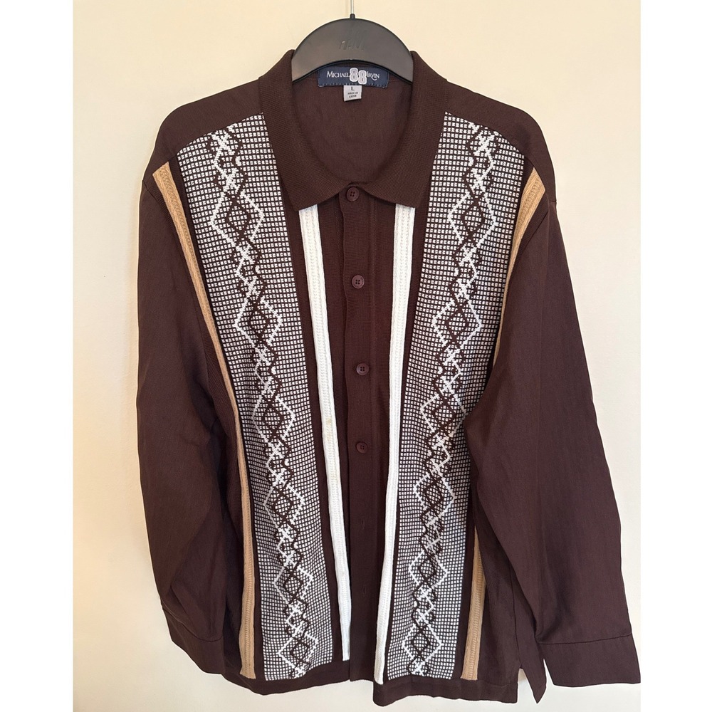 Michael Irvin 88 Mens Large Brown Herringbone Knit Panel Button Up Shirt Retro